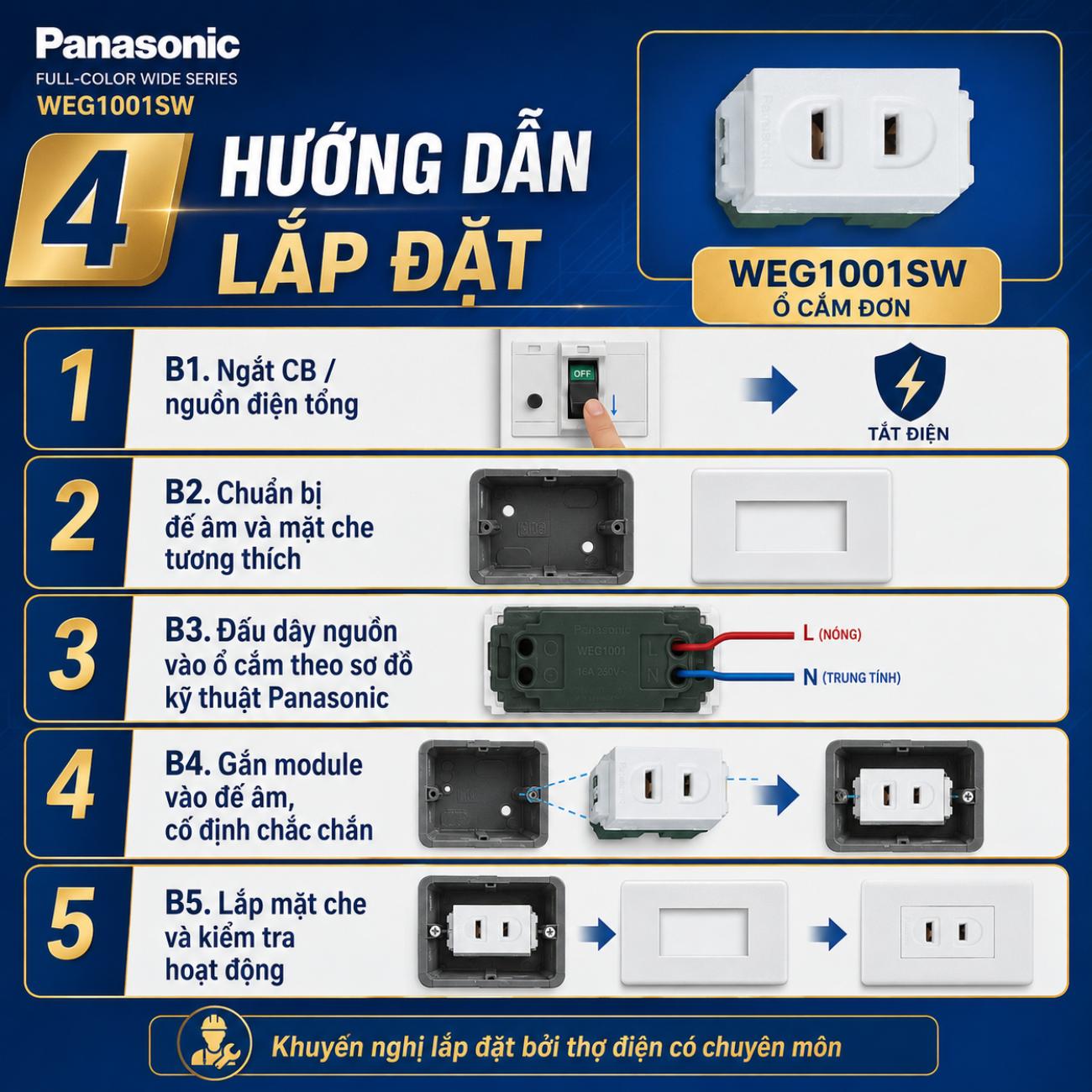 Ổ cắm đơn Panasonic WEG1001SW dùng cho phích cắm dẹp 250VAC-16A